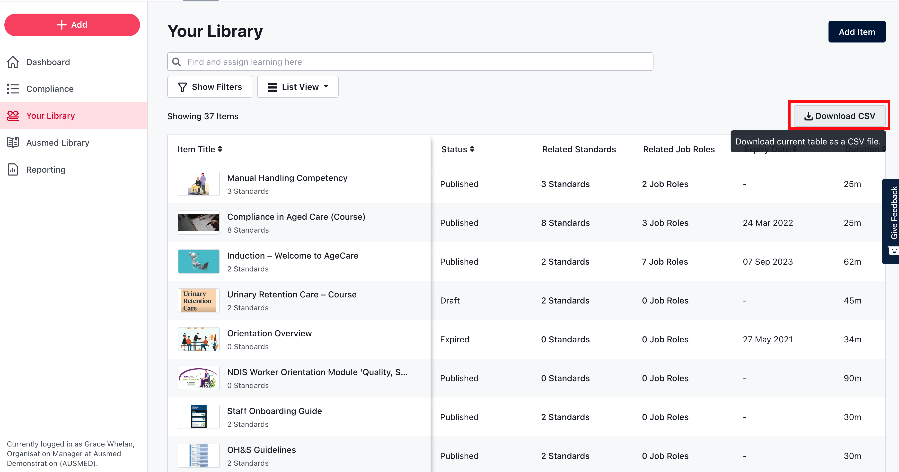 View the standards and job roles your organisation's learning relates